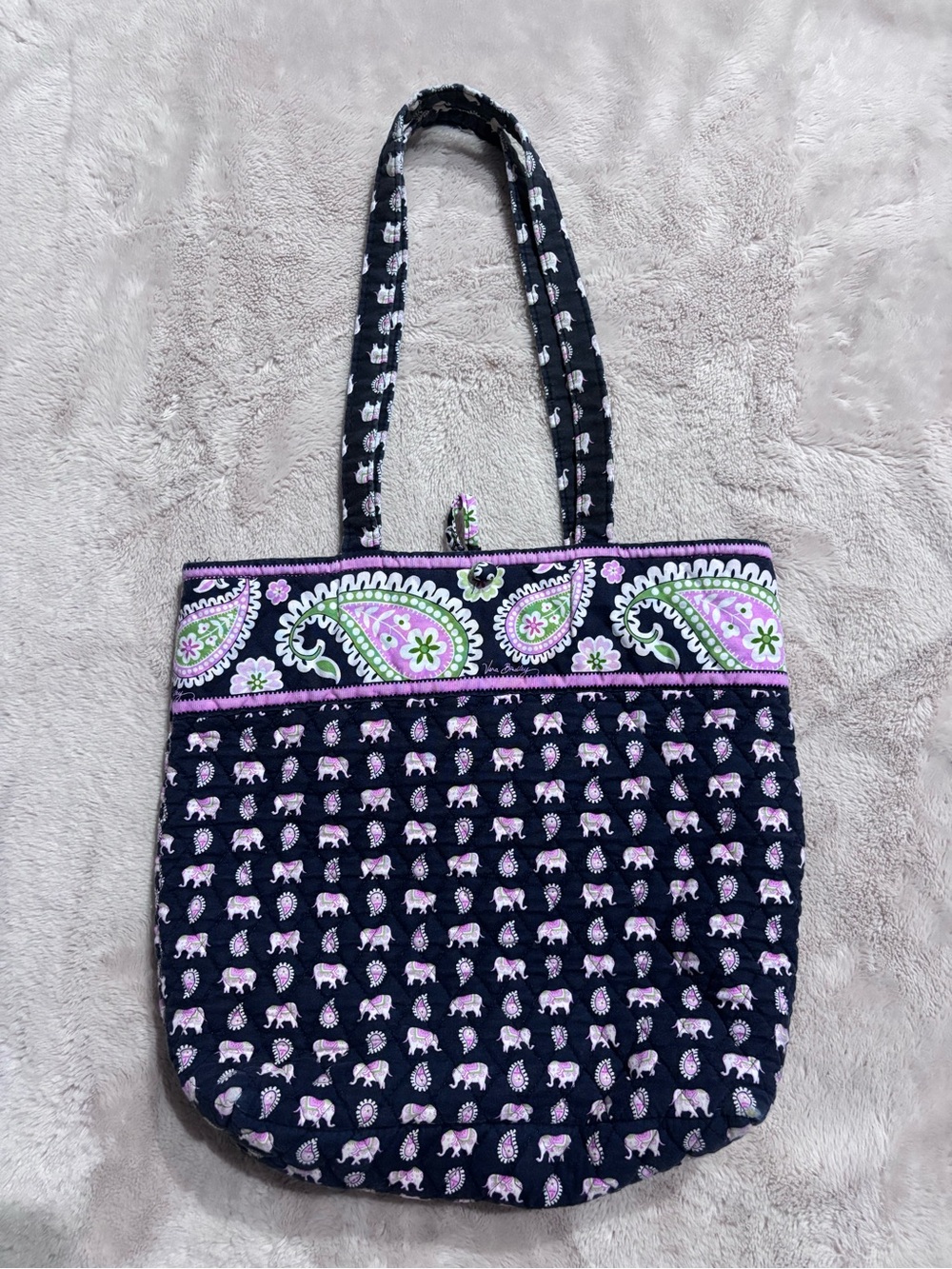 Vera Bradley Black Quilted Tote with Lavender and Green Paisley
